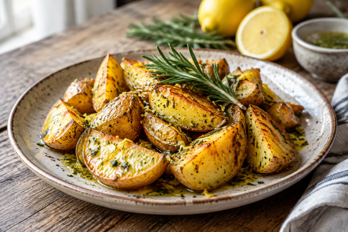 Golden crispy Greek lemon potatoes garnished with fresh rosemary and lemon wedges