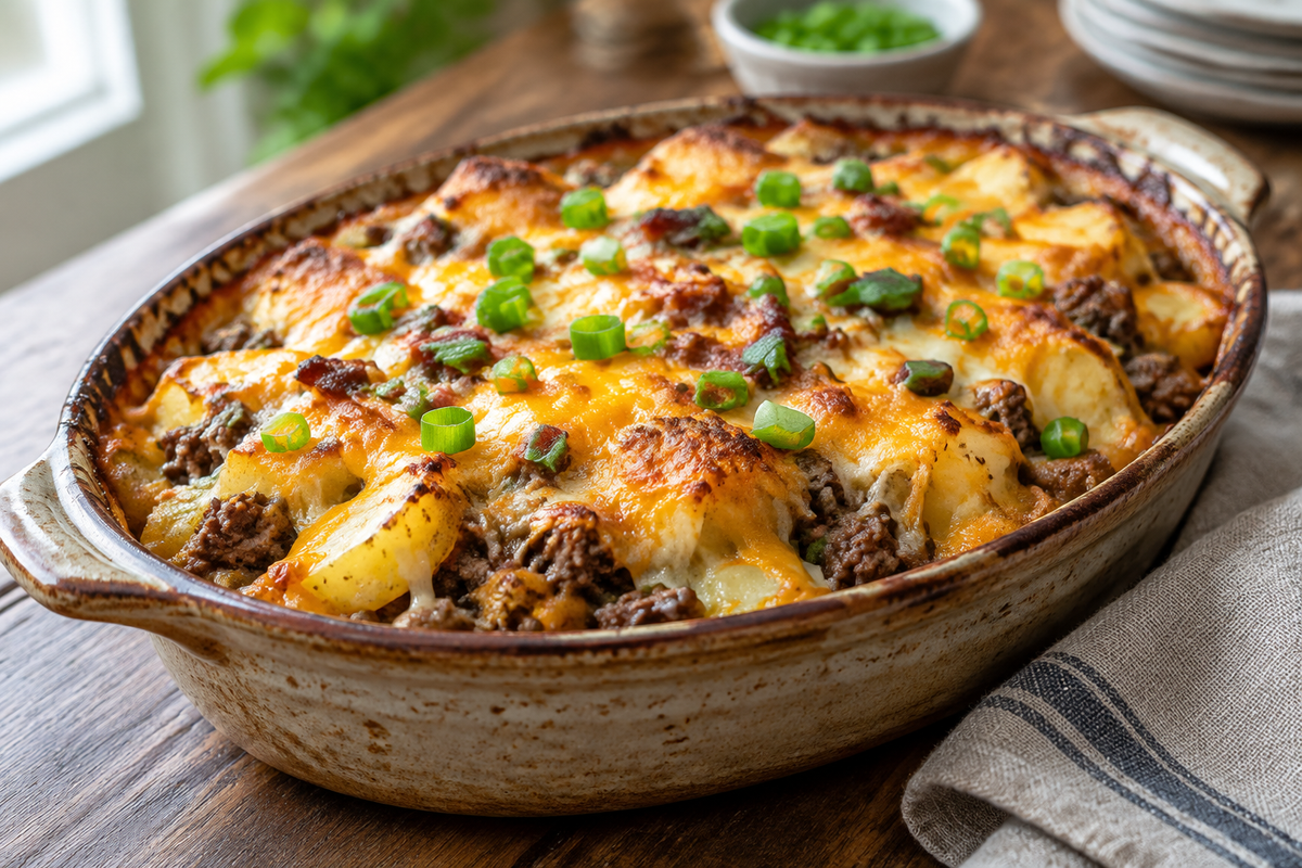 Loaded beef potato bake with melted cheese and green onions, healthy family dinner dish