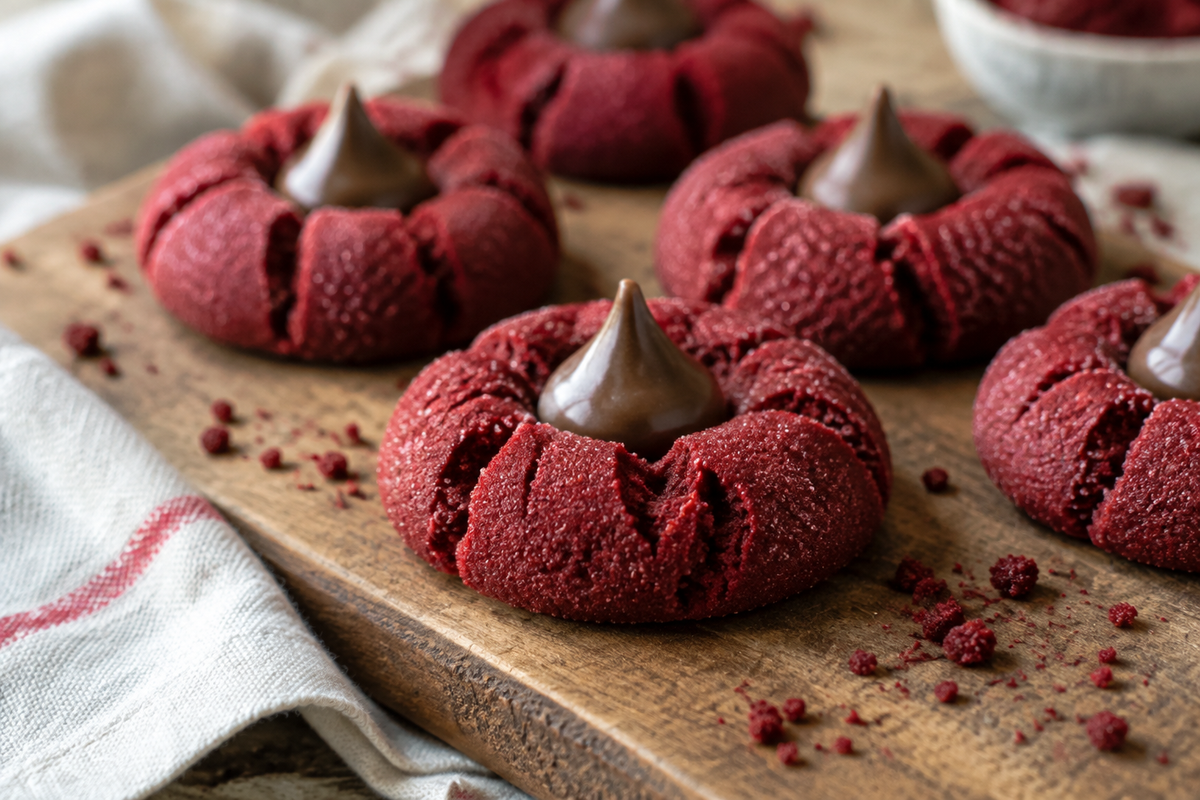 Easy red velvet blossoms cookies topped with chocolate kisses on a rustic wooden board