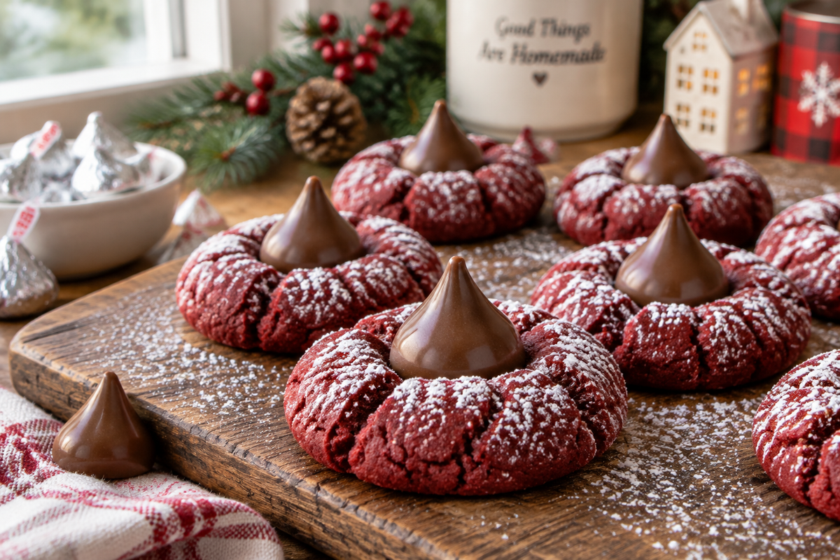 Easy red velvet blossoms cookies with Hershey's kisses on rustic board in natural light
