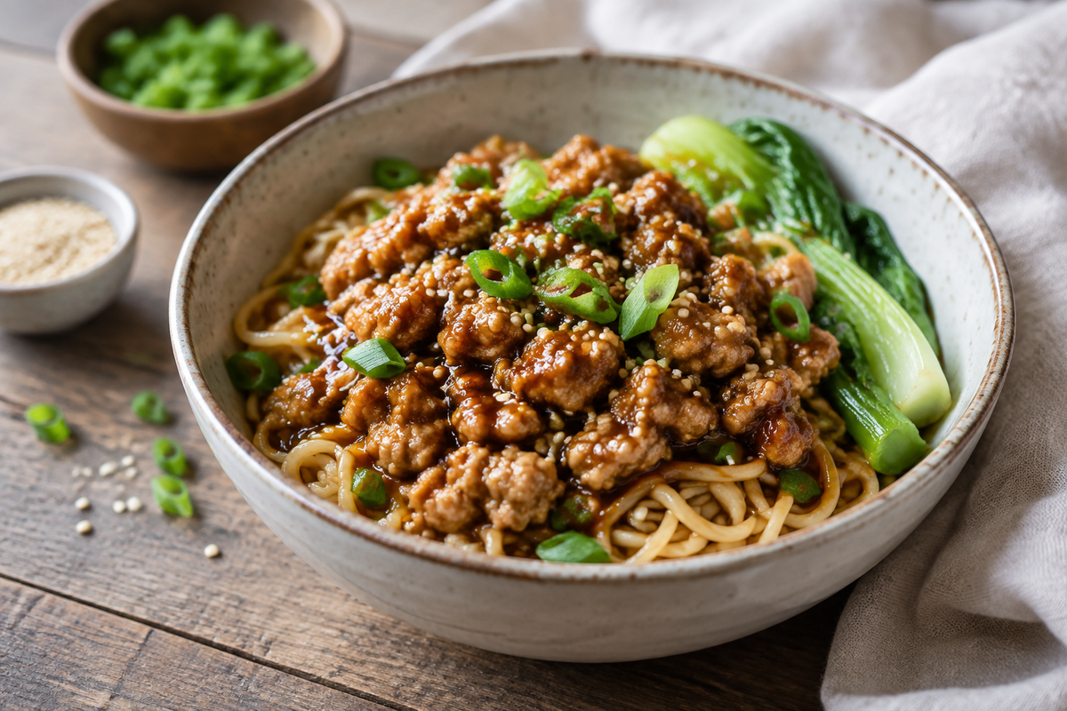 High protein noodle bowls with honey garlic ground chicken garnished with green onions and sesame seeds