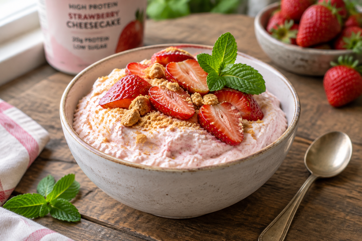 High protein strawberry cheesecake bowl topped with fresh strawberries and mint garnish