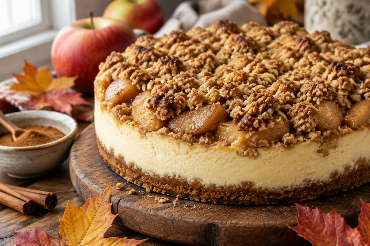 Freshly baked apple crumble cheesecake with golden crispy topping and creamy filling