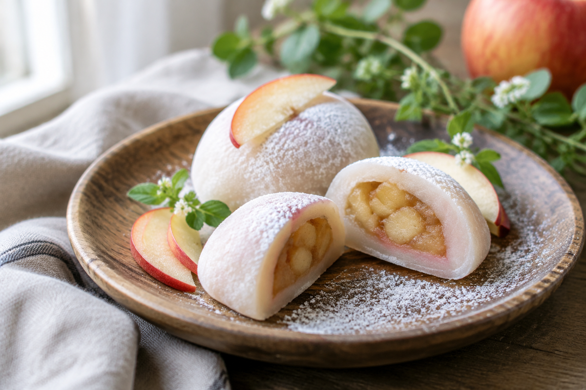 Close-up of creamy apple mochi dessert garnished with apple slices and powdered sugar
