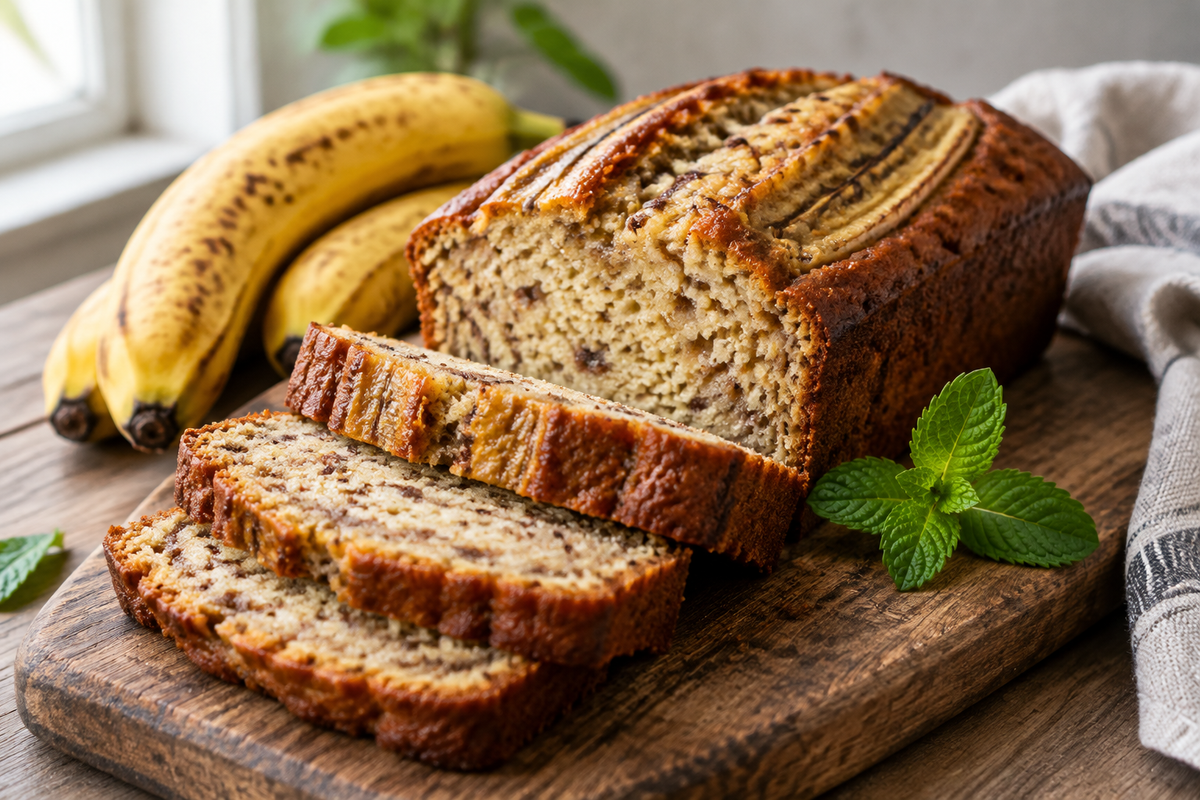 Moist homemade banana bread loaf sliced on wooden board with ripe bananas, banana bread recipe