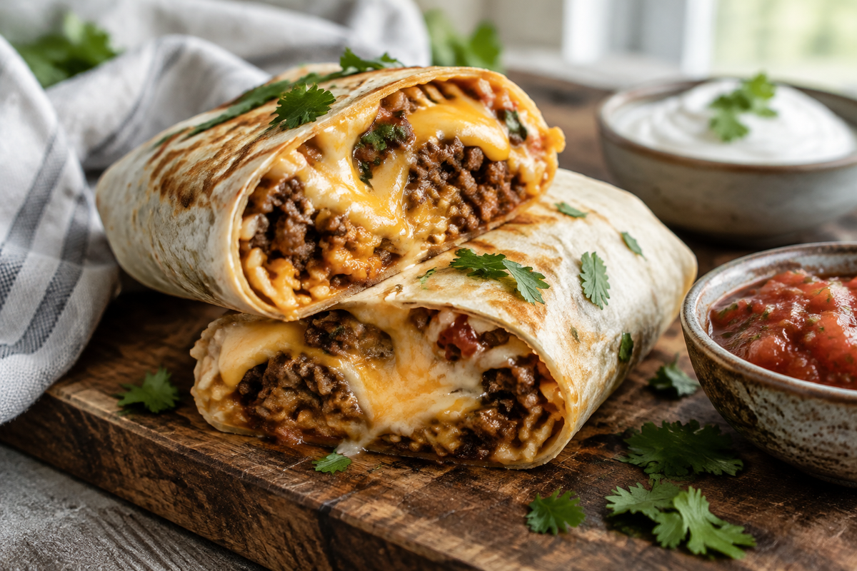 Close-up of a beefy melt burrito with melted cheese and seasoned beef, showcasing the beefy melt burrito.