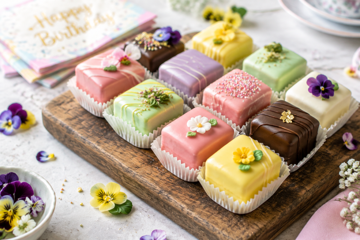 Colorful birthday petite fours with glossy icing and decorations, perfect birthday petite fours dessert