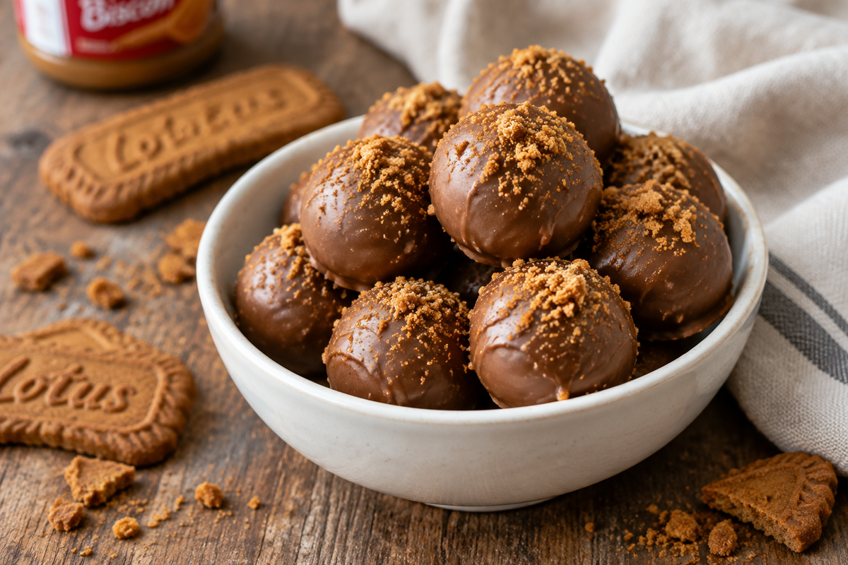 Easy homemade biscoff truffles in a white bowl dusted with cookie crumbs on a wooden surface