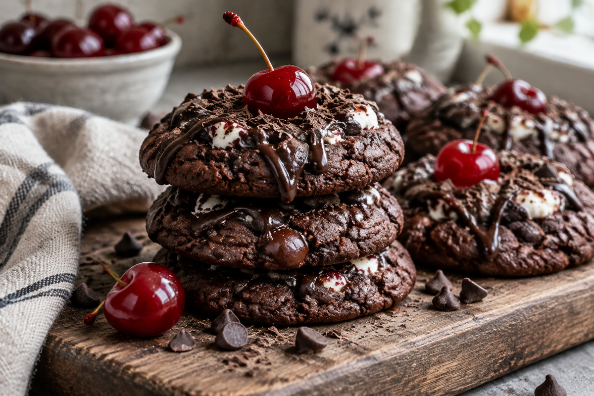 Easy homemade black forest cookies with chocolate and cherries stacked on a wooden board