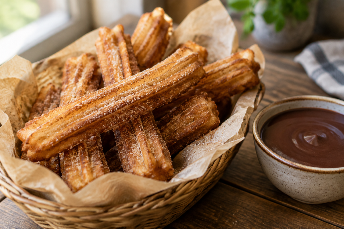 Golden crispy churros dusted with cinnamon sugar served with chocolate sauce, perfect churros recipe