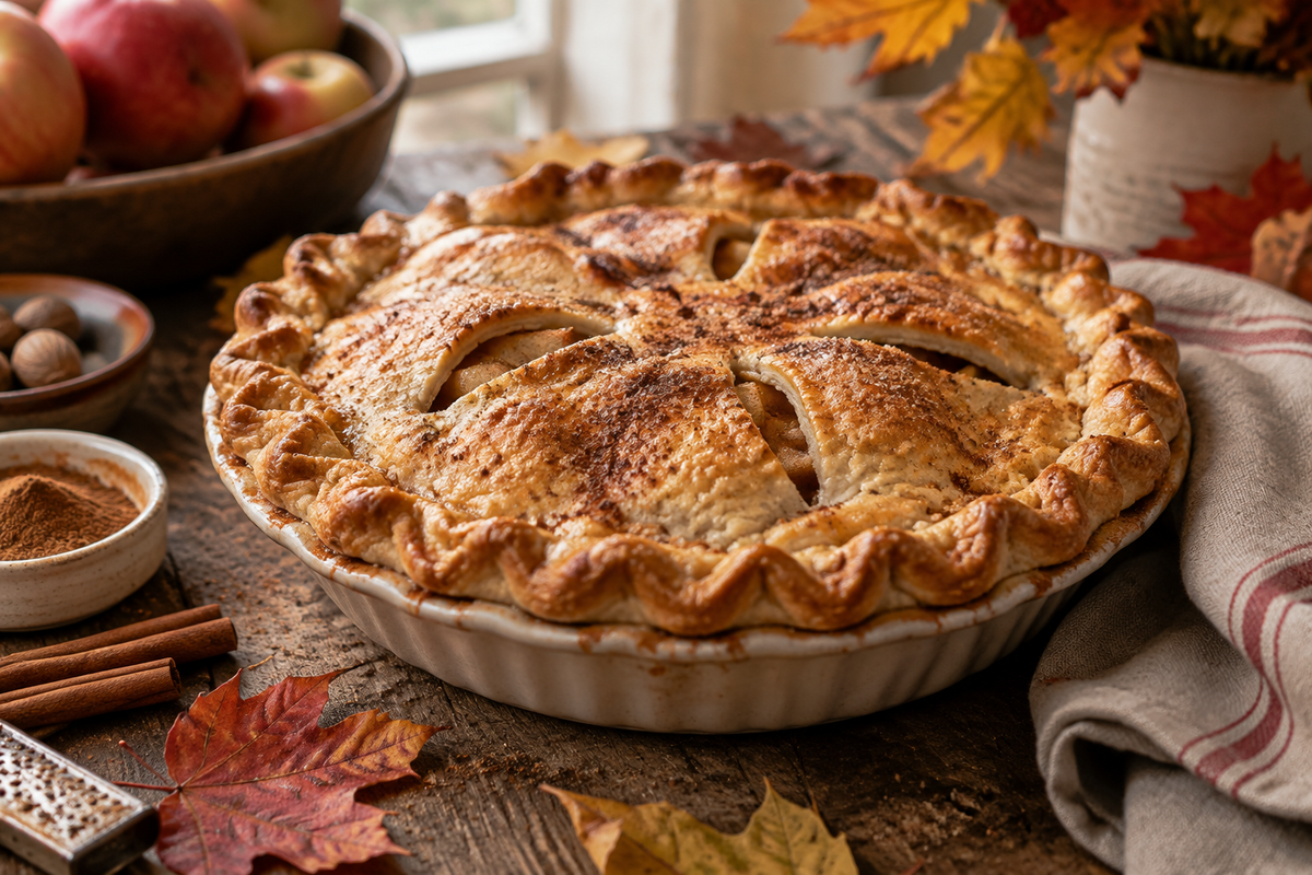 freshly baked classic apple pie with cinnamon and nutmeg on rustic wooden table