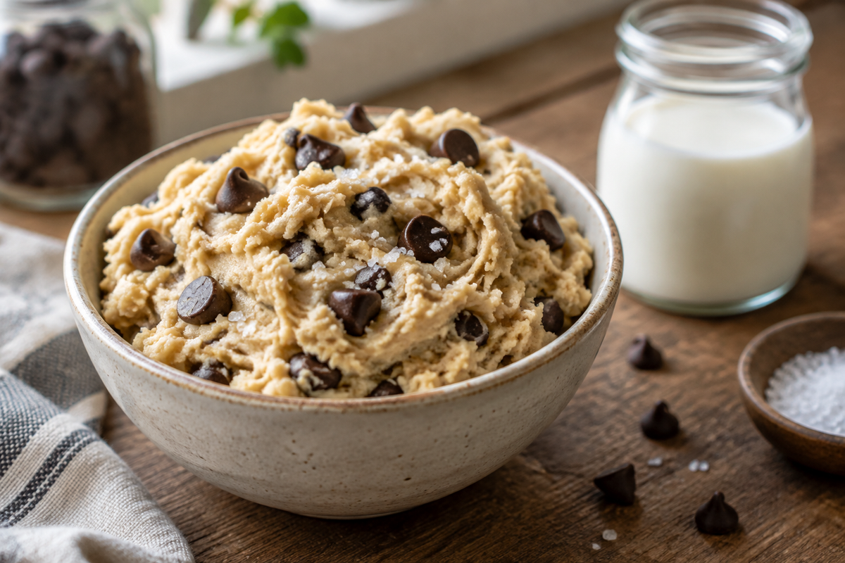 Creamy homemade edible cookie dough with chocolate chips in a rustic bowl, showcasing the edible cookie dough treat