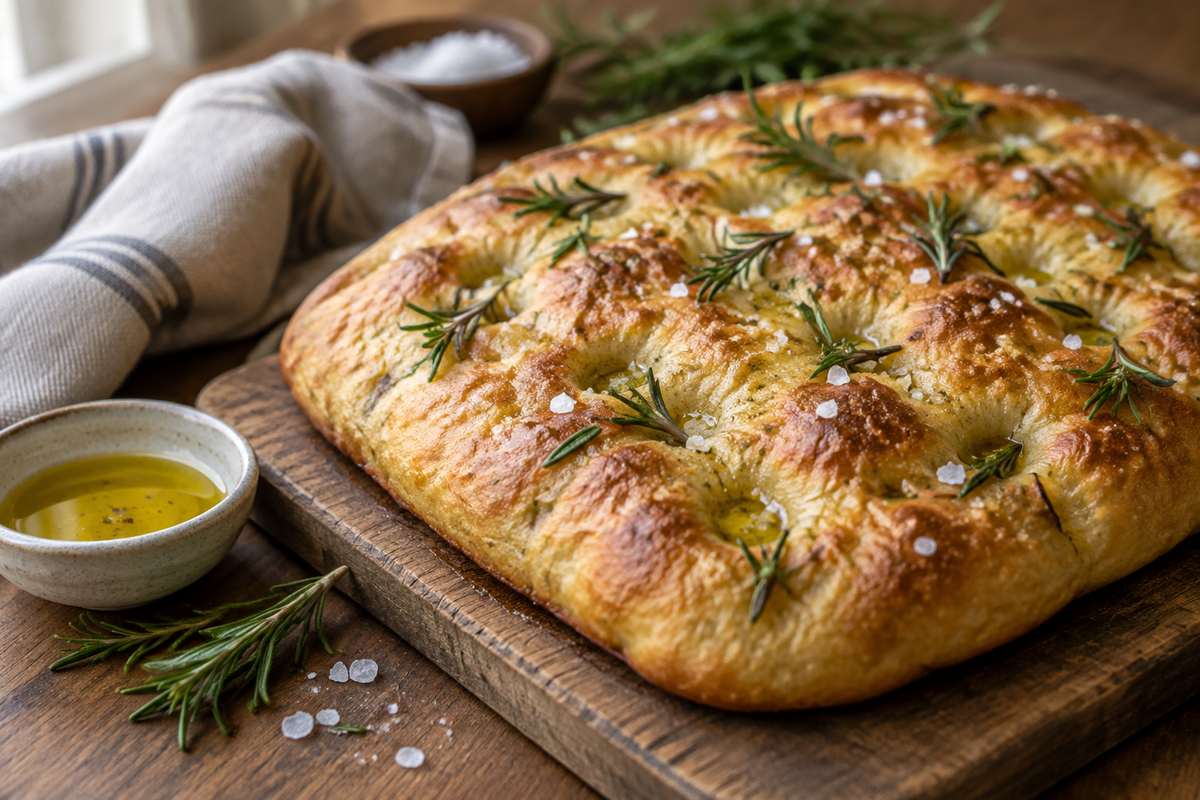 Homemade focaccia bread topped with rosemary and sea salt on wooden board