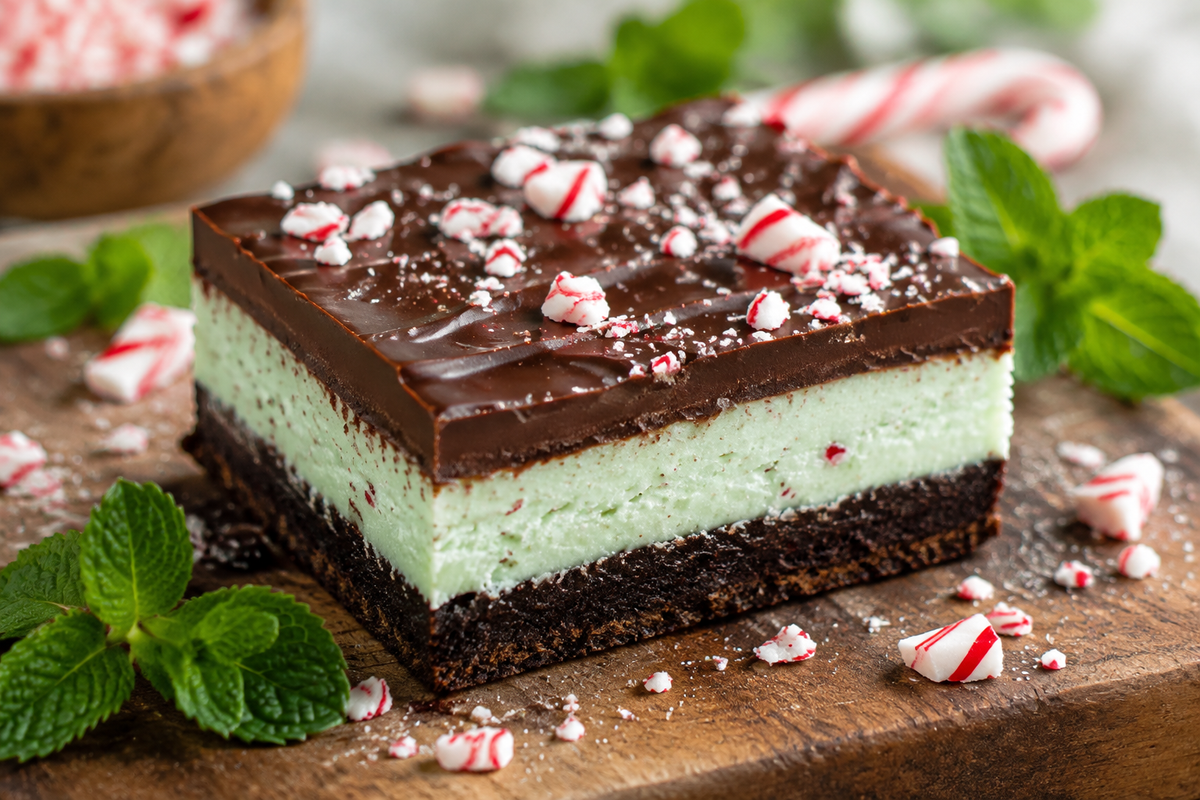 Close-up of a peppermint slice with chocolate and mint layers, garnished with crushed candy canes