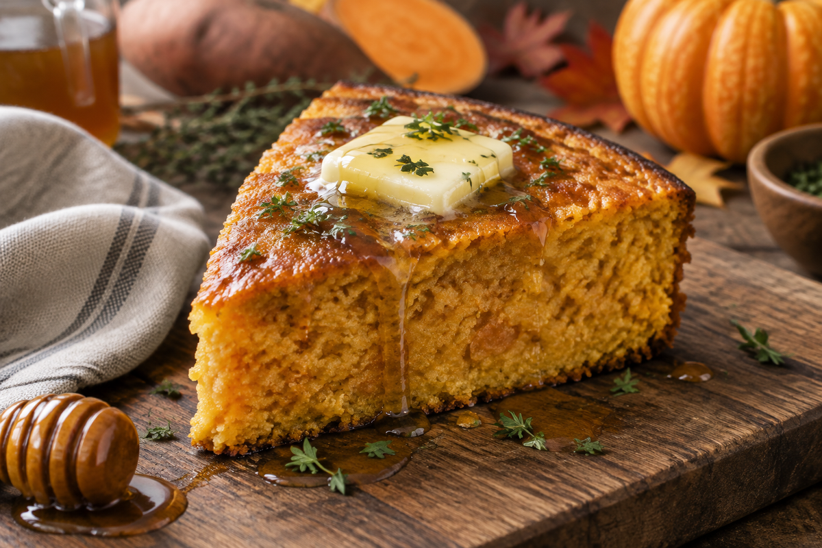 Honey butter sweet potato cornbread slice with melting butter and herbs, honey butter cornbread