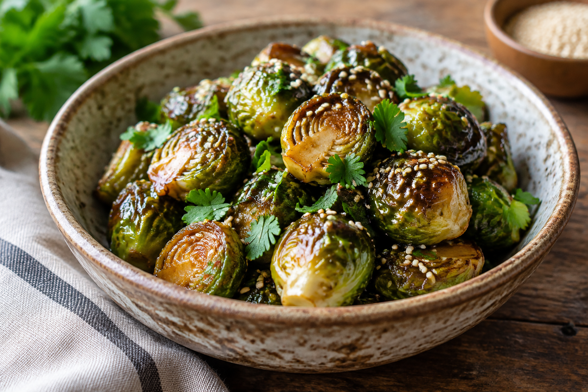 Honey garlic Brussels sprouts garnished with sesame seeds and parsley in a rustic bowl