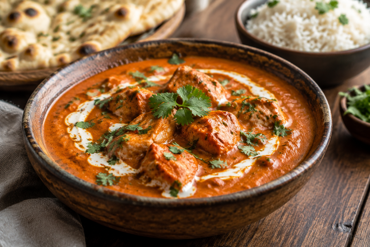 Creamy Indian butter chicken crockpot recipe served in rustic bowl with cilantro garnish