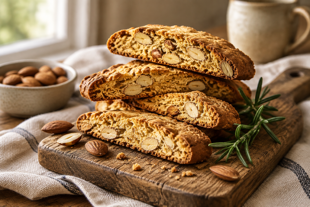Plate of easy crunchy biscotti stacked with toasted almonds and rosemary garnish on rustic surface