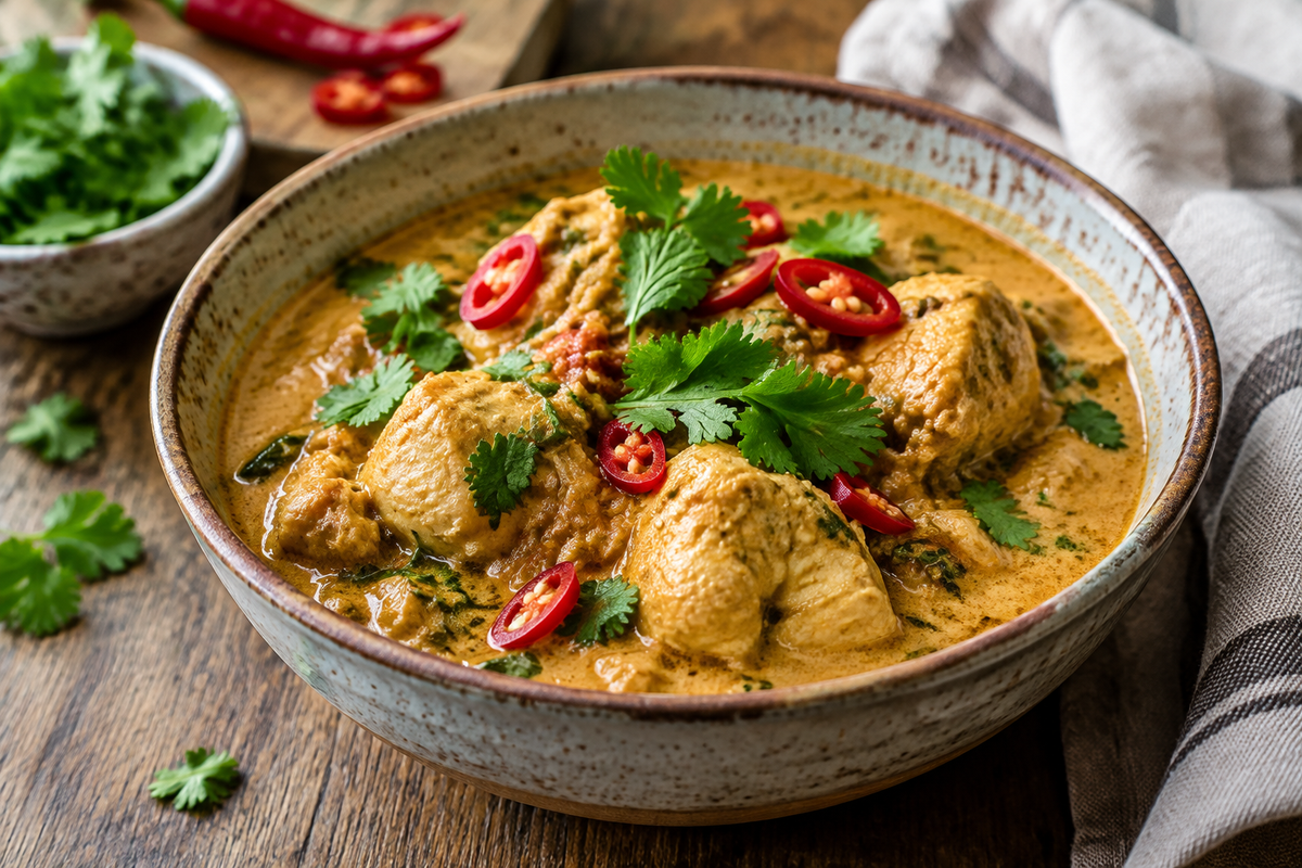 Chicken curry slow cooker dish garnished with cilantro and red chili in a rustic bowl