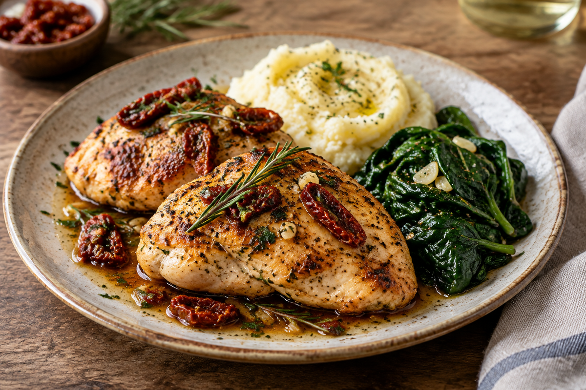 Easy Tuscan chicken plated with rosemary and sun-dried tomatoes in natural light