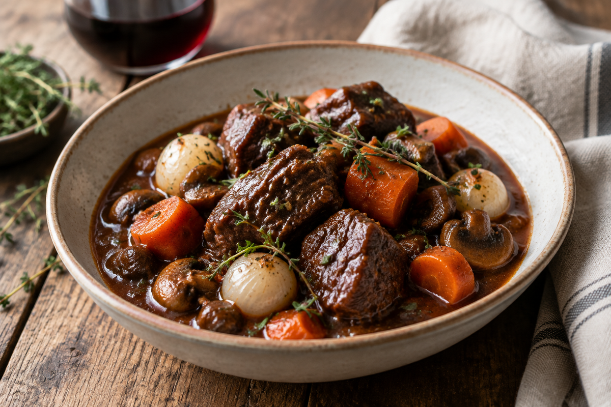 Easy beef bourguignon recipe served in a bowl with fresh thyme garnish and vegetables