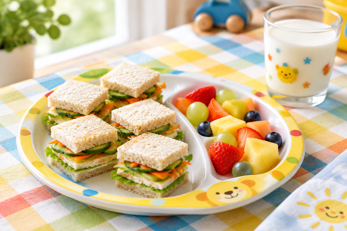 Healthy and colorful kids tiffin recipe breakfast with mini vegetable sandwiches and fruit pieces