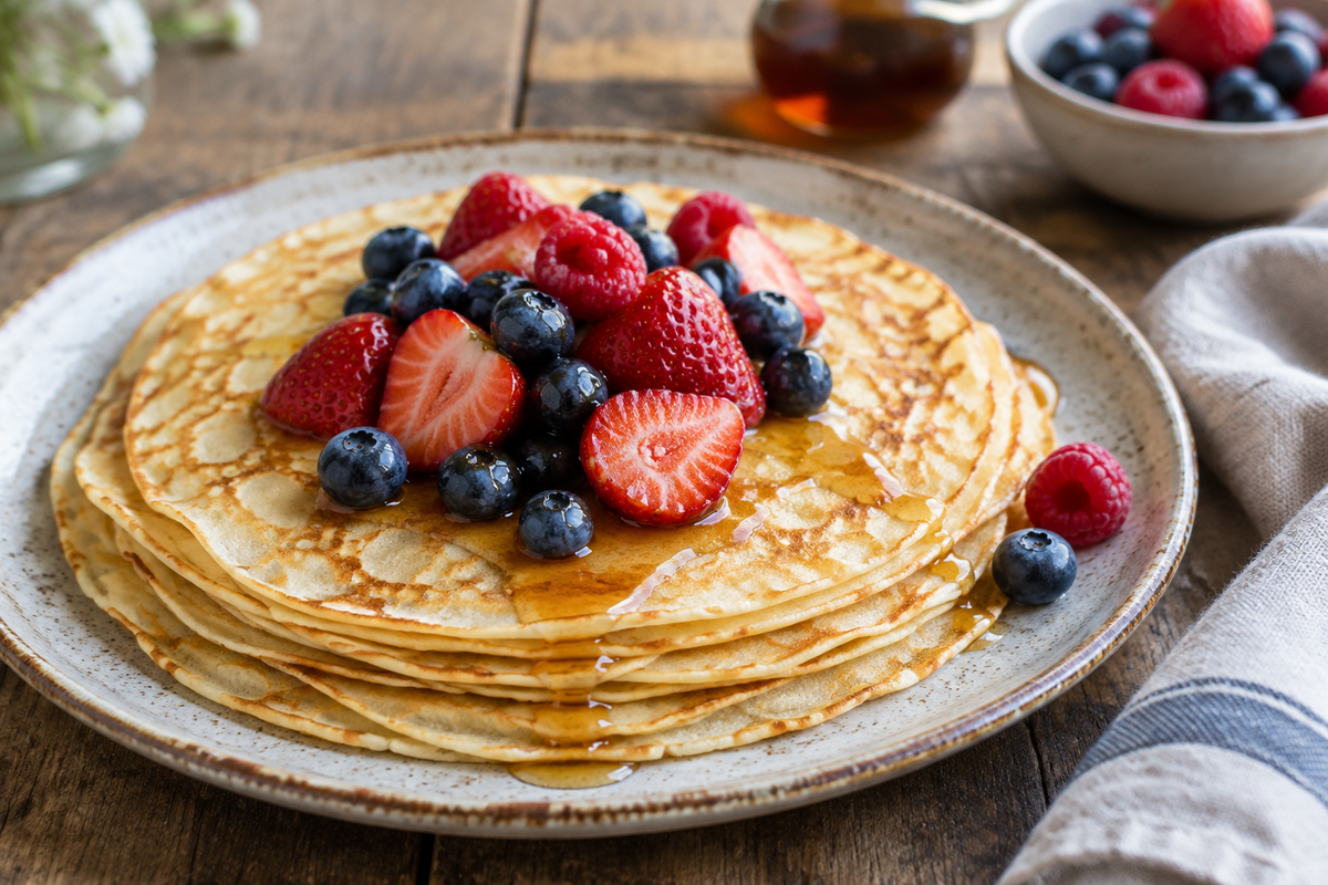 Plate of golden lazy crepes topped with fresh berries and syrup, showcasing lazy crepes recipe