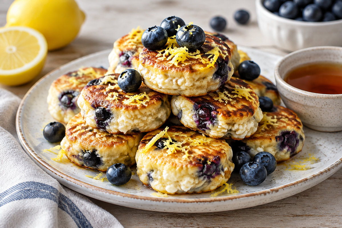 Easy lemon blueberry cottage cheese pancake bites garnished with fresh blueberries and lemon zest