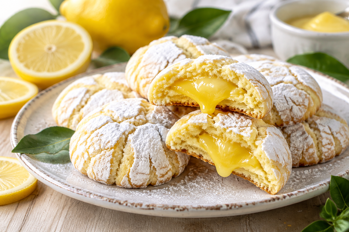 Lemon curd cookies with crinkle texture and powdered sugar, showing lemon curd filling inside