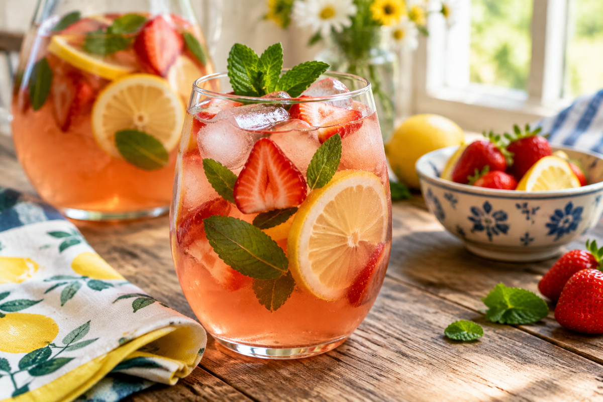 A refreshing glass of limoncello rosé sangria garnished with lemon slices and strawberries, showcasing the limoncello rosé sangria