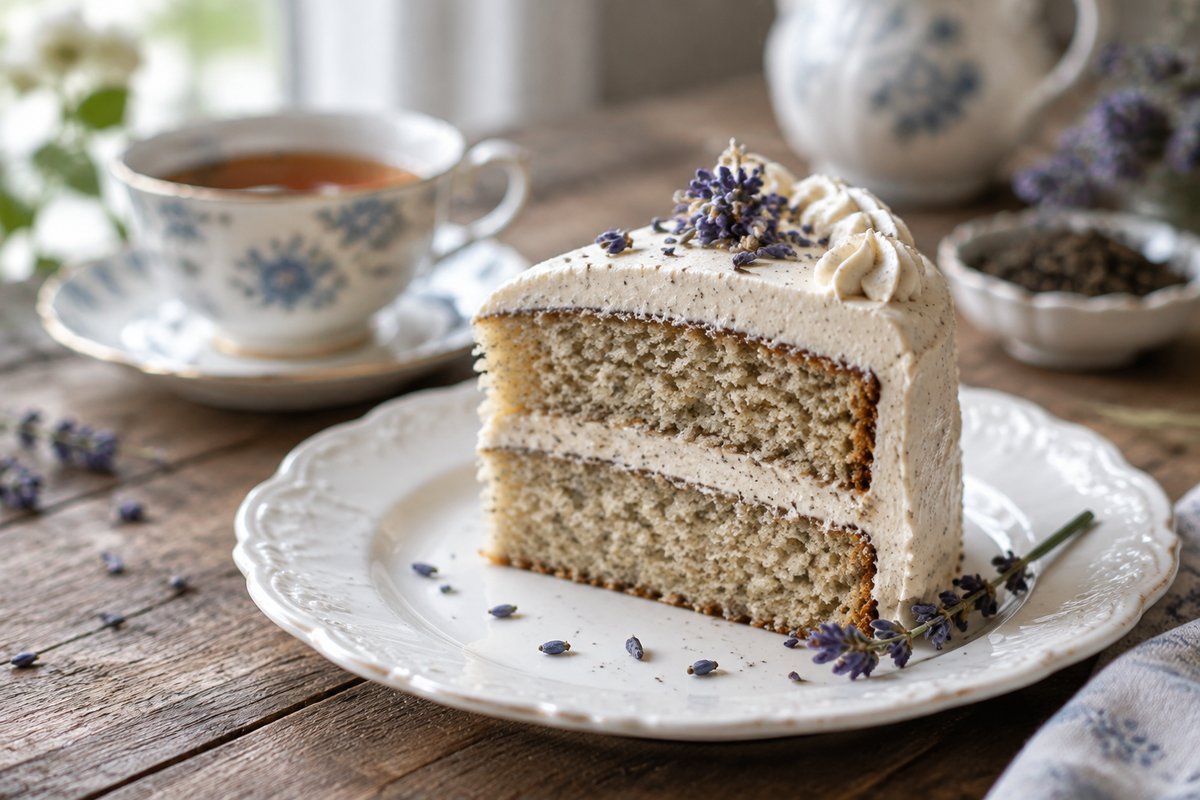 Slice of London Fog Cake with Earl Grey infused frosting and lavender garnish on white plate