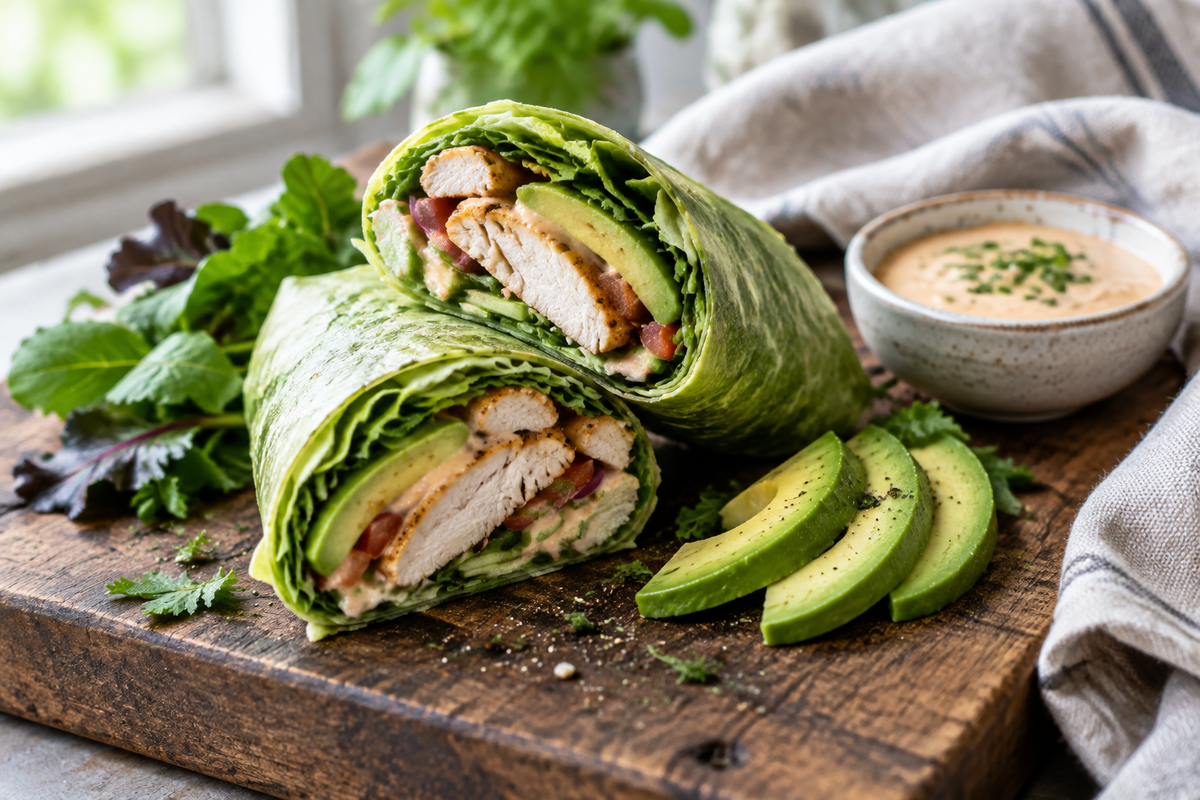 Low carb chicken wrap sliced with fresh greens and avocado, perfect healthy weight loss meal