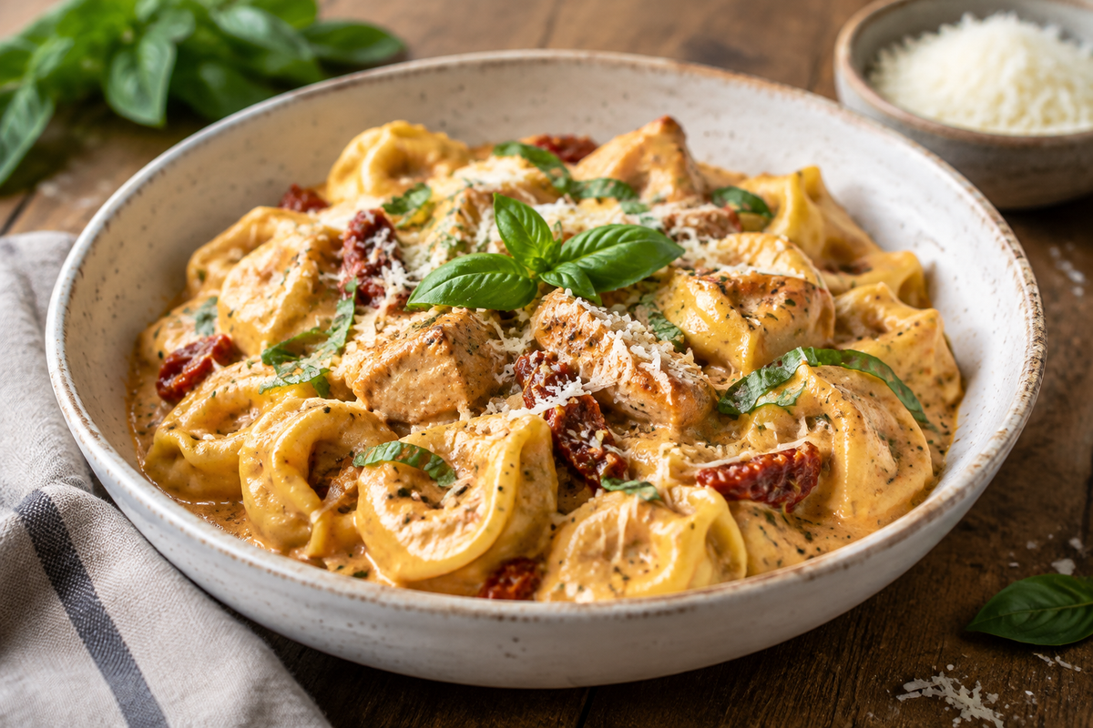 Creamy marry me chicken tortellini garnished with fresh basil and Parmesan cheese
