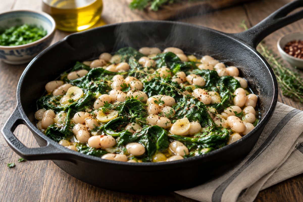 Close-up of white bean spinach skillet garnished with fresh herbs in cast iron pan, white bean spinach skillet
