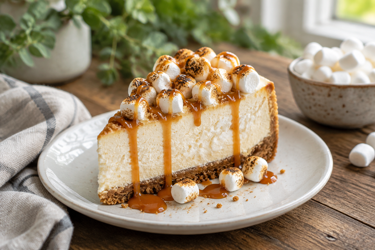 Slice of easy marshmallow cheesecake topped with toasted marshmallows and caramel drizzle on white plate