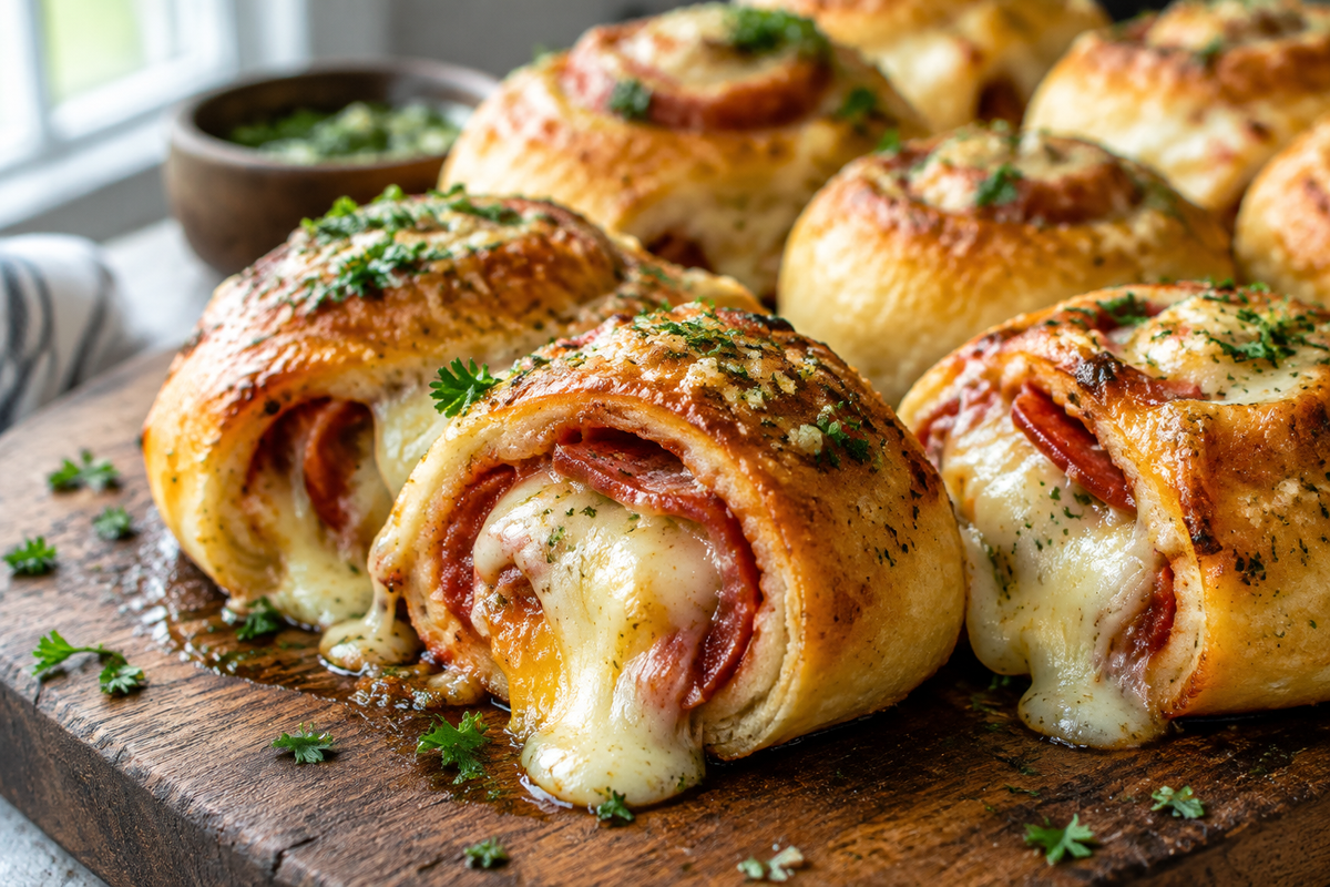 Easy New York pizza rolls with mozzarella and garlic butter on a wooden board