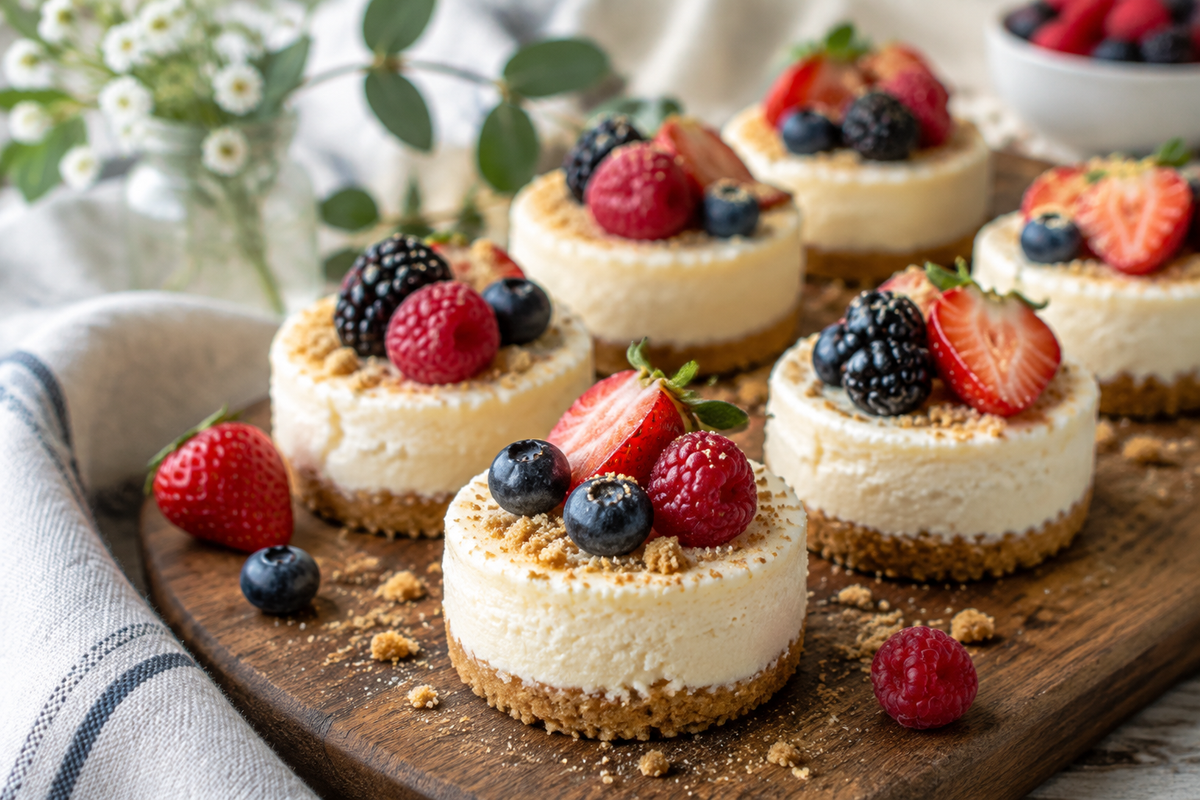 Plate of no-bake cheesecake bites garnished with fresh berries and crushed graham crackers