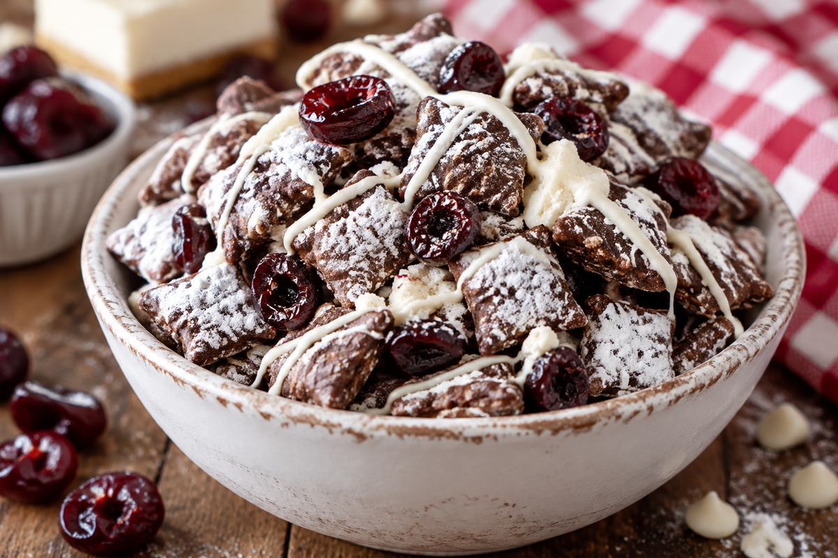 Cherry cheesecake puppy chow in a bowl garnished with dried cherries and powdered sugar