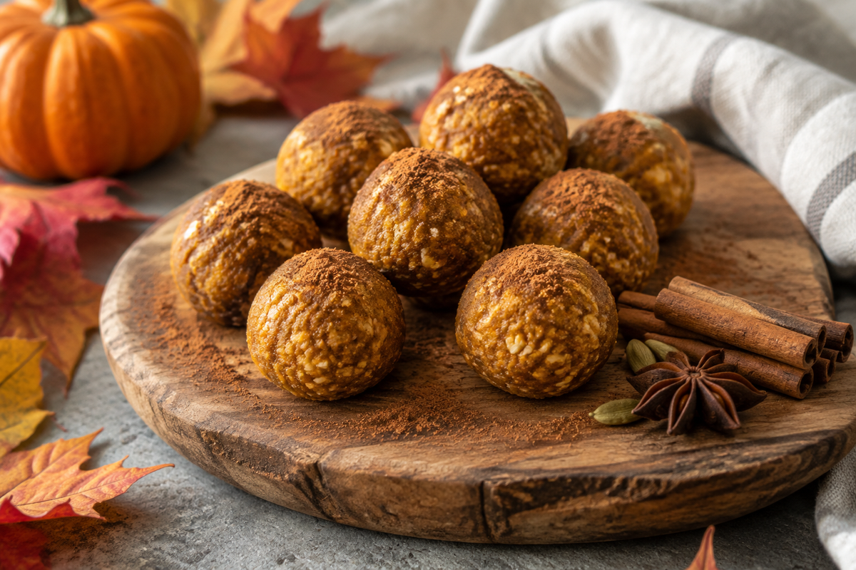 Close-up of no bake pumpkin balls on rustic platter with cinnamon and pumpkin spice garnish
