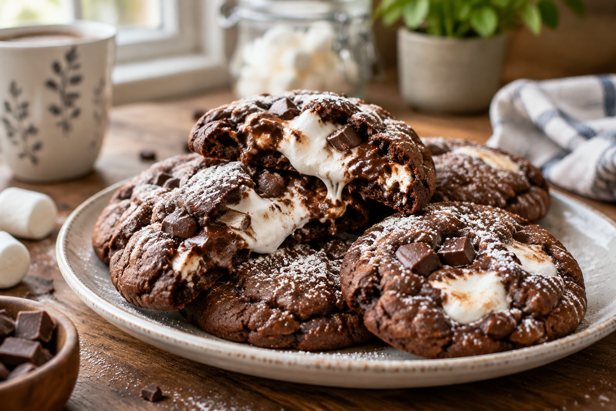Plate of easy no-chill chocolate marshmallow cookies with gooey marshmallows and chocolate chunks