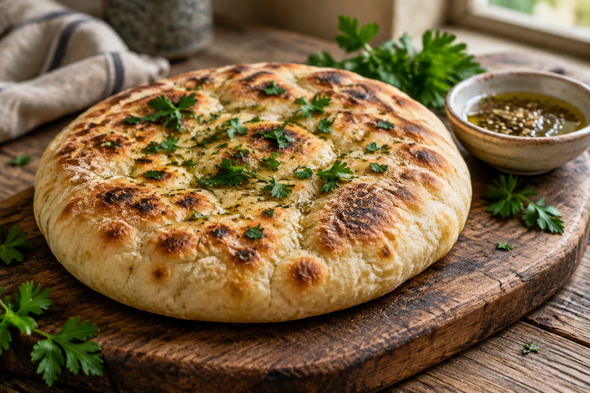 Freshly baked easy no-knead Turkish bread bazlama with parsley and olive oil on wooden board