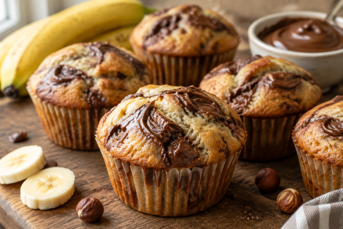 Fresh nutella banana muffins on rustic wooden surface with bananas and nutella spread, nutella banana muffins