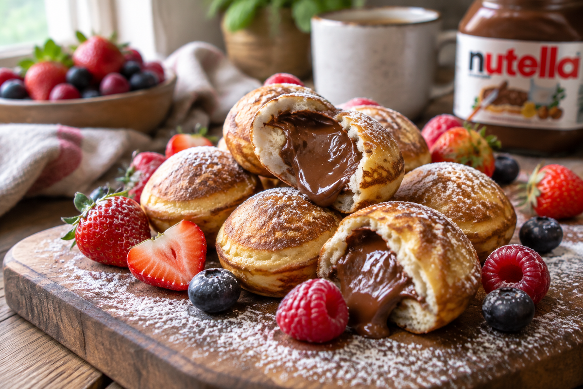 Golden Nutella pancake bombs with creamy filling and powdered sugar, perfect nutella pancake bombs breakfast treat