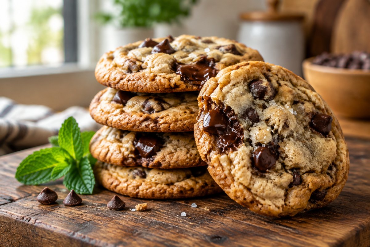 Easy NYC chocolate chip cookies with crispy edges and gooey centers stacked on board