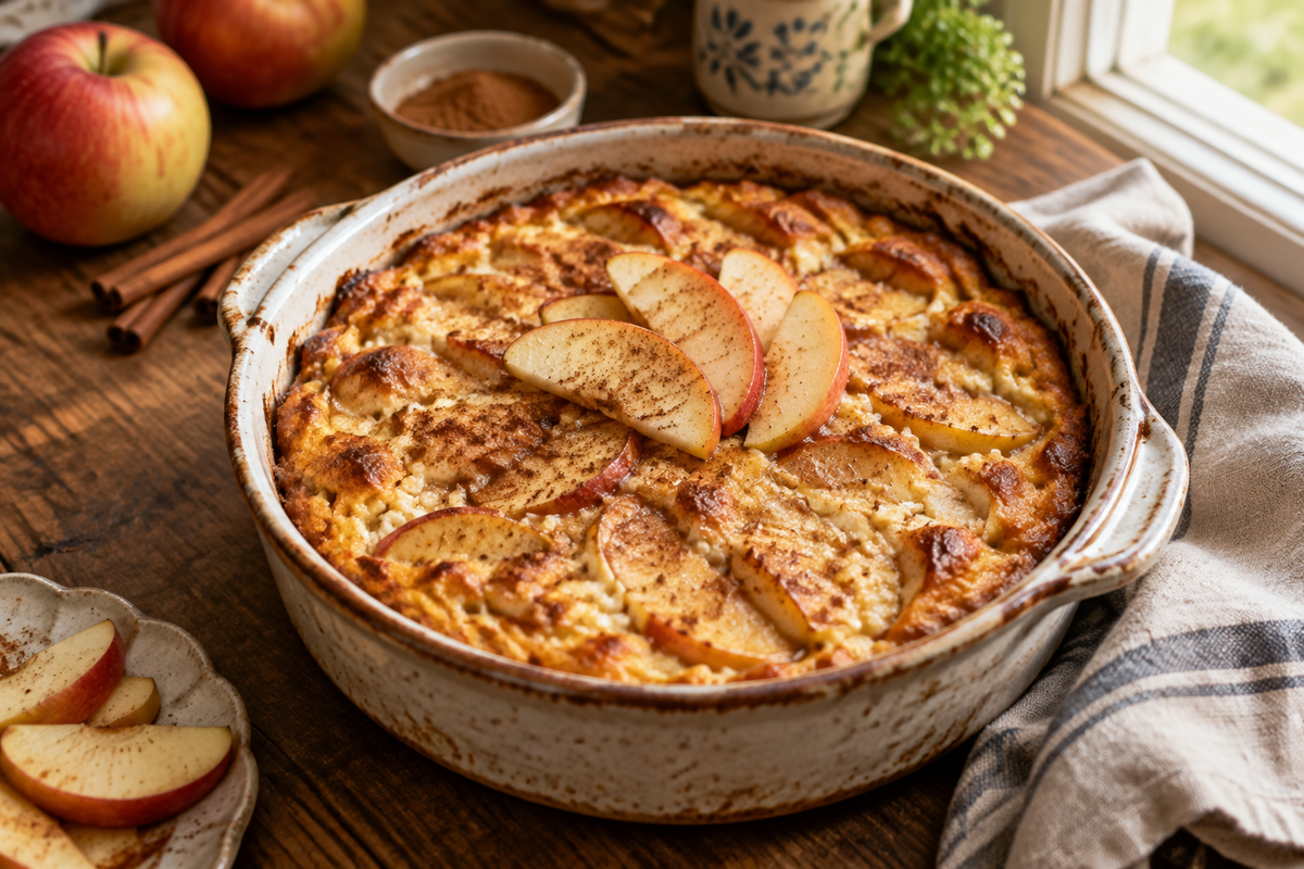 Warm apple cinnamon cottage cheese bake garnished with cinnamon and apple slices, showcasing apple cinnamon cottage cheese