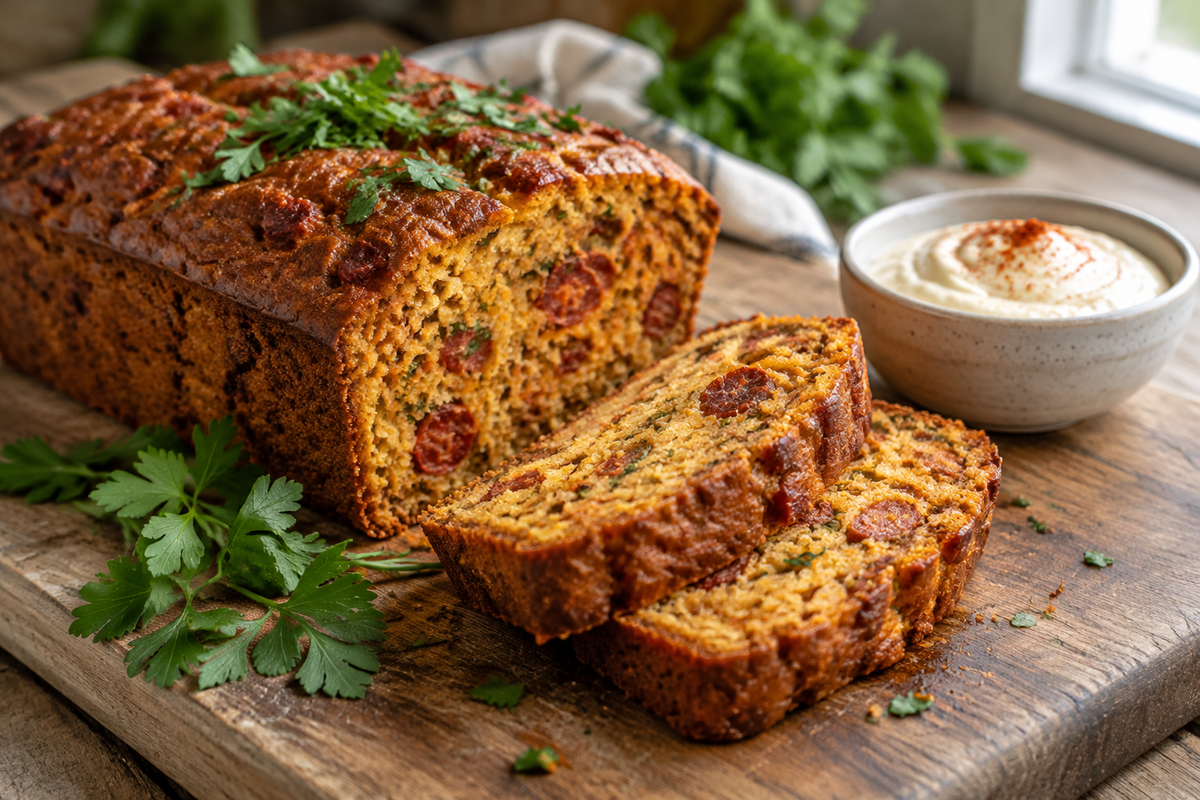 Golden brown chorizo cake sliced with fresh parsley garnish and aioli, showcasing chorizo cake texture