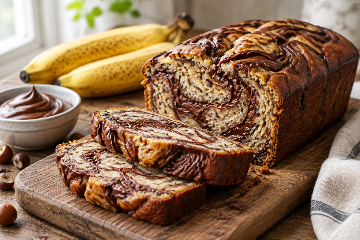 Sliced Nutella swirl banana bread on wooden board with ripe bananas, showcasing fluffy texture and rich swirls