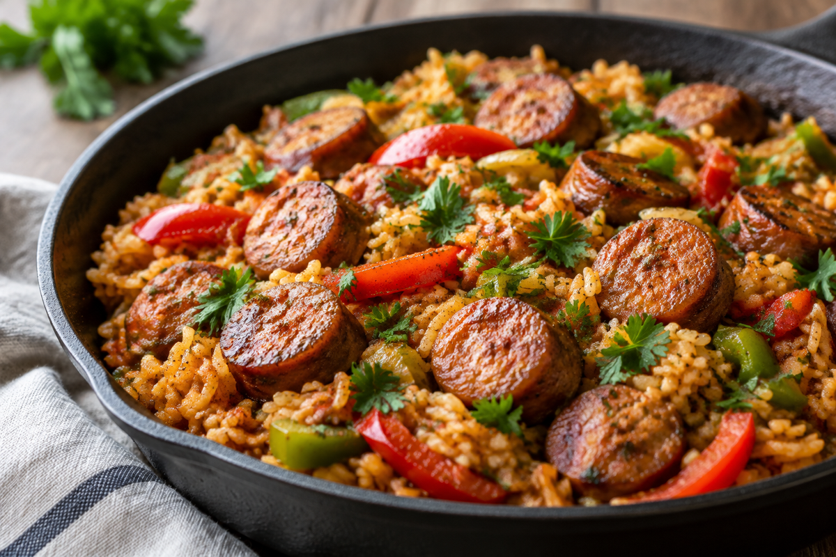 One-pan Cajun chicken sausage and rice in a skillet garnished with parsley
