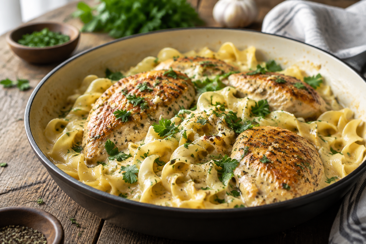 Creamy garlic butter chicken served over egg noodles garnished with parsley and black pepper