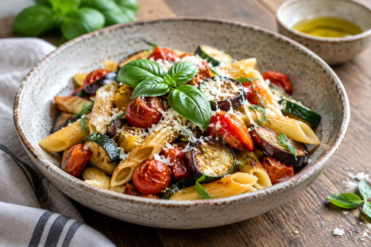 Roasted vegetable pasta with fresh basil and Parmesan, perfect roasted vegetable pasta dish